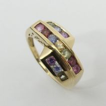 9ct gold multi-coloured gem set ring, 3.4 grams, 11mm, size O1/2. UK Postage £12.