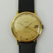 Omega date adjust manual wind watch on a black leather strap, 36mm inc. crown. UK Postage £12.