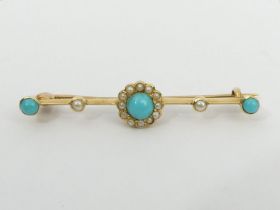 15ct gold seed pearl and turquoise bar brooch, 1.7 grams, 38mm x 7.5mm. UK Postage £12.