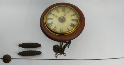 Victorian Postmans alarm clock with weights and pendulum. 29cm diameter. Collection only.