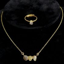 Silver vermeil diamond necklace and matching adjustable size ring. 4.6 grams. UK Postage £12.