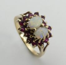 9ct gold double opal and ruby cluster ring, 3.1 grams, size N1/2. UK Postage £12.
