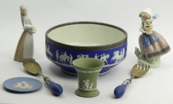 Wedgwood Jasper dip bowl and servers, two Lladro porcelain figurines and a Wedgwood vase and dish.