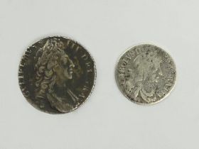 Charles II silver 1672 three pence and a William III shilling.