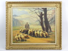 Gilt framed oil on canvas of a Shepherd and his flock, signed lower right. 59 x 51 cm. Collection