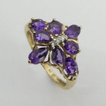 9ct gold amethyst and diamond ring, 2 grams, size M. UK Postage £12.