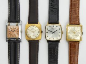 Four manual wind gents square face watches on leather straps. UK Postage £12.