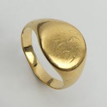 18ct gold signet ring, 6.7 grams, 13mm, size Q. UK Postage £12.