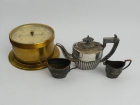 Brass FCC precision aneroid barometer and silver plated bachelors tea set. UK Postage £14.