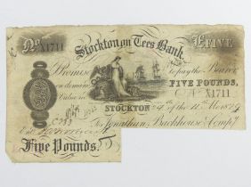 1879 Stockton Tees Bank five pounds note. UK Postage £5.