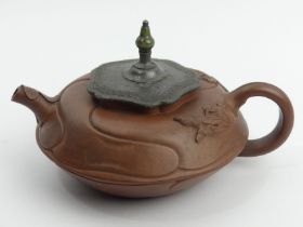 Chinese Yiixing pottery teapot of organic form. 19cm x 11cm. UK Postage £14.