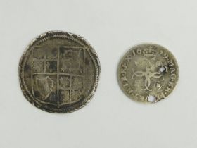 Charles II 1679 silver fourpence coin and a James I sixpence.