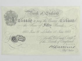 Bank of England 1933 fifty pounds white type reproduction note. UK Postage £5.