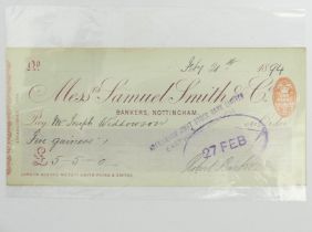 Samuel Smith Bankers, Nottingham 1894 cheque five guineas. UK Postage £5.