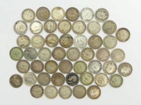 Fifty silver three pence coins, Victorian and later.