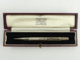 Elizabeth II silver propelling pencil, London 1956, 26 grams, 12cm. UK Postage £12.