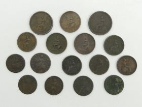 Sixteen Georgian copper pennies and half pennies.