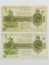 Two Warren & Fisher ten shillings note, George V. UK Postage £5.