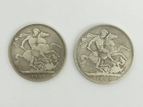 Victoria silver crowns, 1893 and 1889.