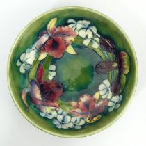 Moorcroft art pottery orchid design fruit bowl, 27cm x 8cm. UK Postage £16.