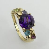 9ct gold amethyst, ruby, topaz, sapphire and peridot ring, 3 grams, 8mm, size M. UK Postage £12.