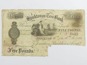 1882 Stockton and Tees five pounds note. UK Postage £5.