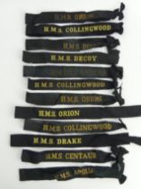 Various Navy cap bands including HMS Orion, Drake and Decoy and HMTVC Switha. UK