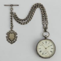 Victorian silver pocket watch and Albert chain, Birm. 1891, chain 57.7 grams, watch 53mm x 74mm.
