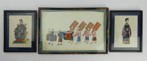 A group of three early 20th Century paintings on rice paper, framed and glazed, 35 x 23.5cm and 16.5