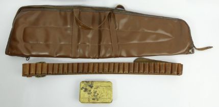 World War I Queen Mary Christmas tin, a leather cartridge belt and a gun case. UK Postage £16.