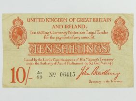 Bradbury 10 shillings, H.M. Treasury 1915 note. UK Postage £5.