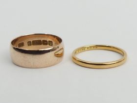 9ct rose gold wedding band, 2.8 grams and a 22ct gold example, 2 grams, both size L. UK Postage £12.