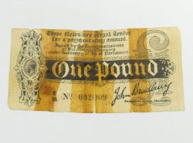 1914 Bradbury type 3 issue one pound note. UK Postage £5.