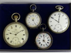 Four pocket watches, two silver fancy dial examples and two nickel cased examples, largest 75mm x