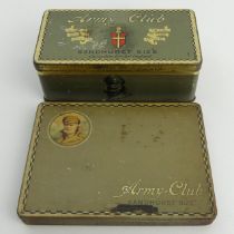 Two army club Sandhurst size cigarette advertising tins, each 15cm wide. UK Postage £12.