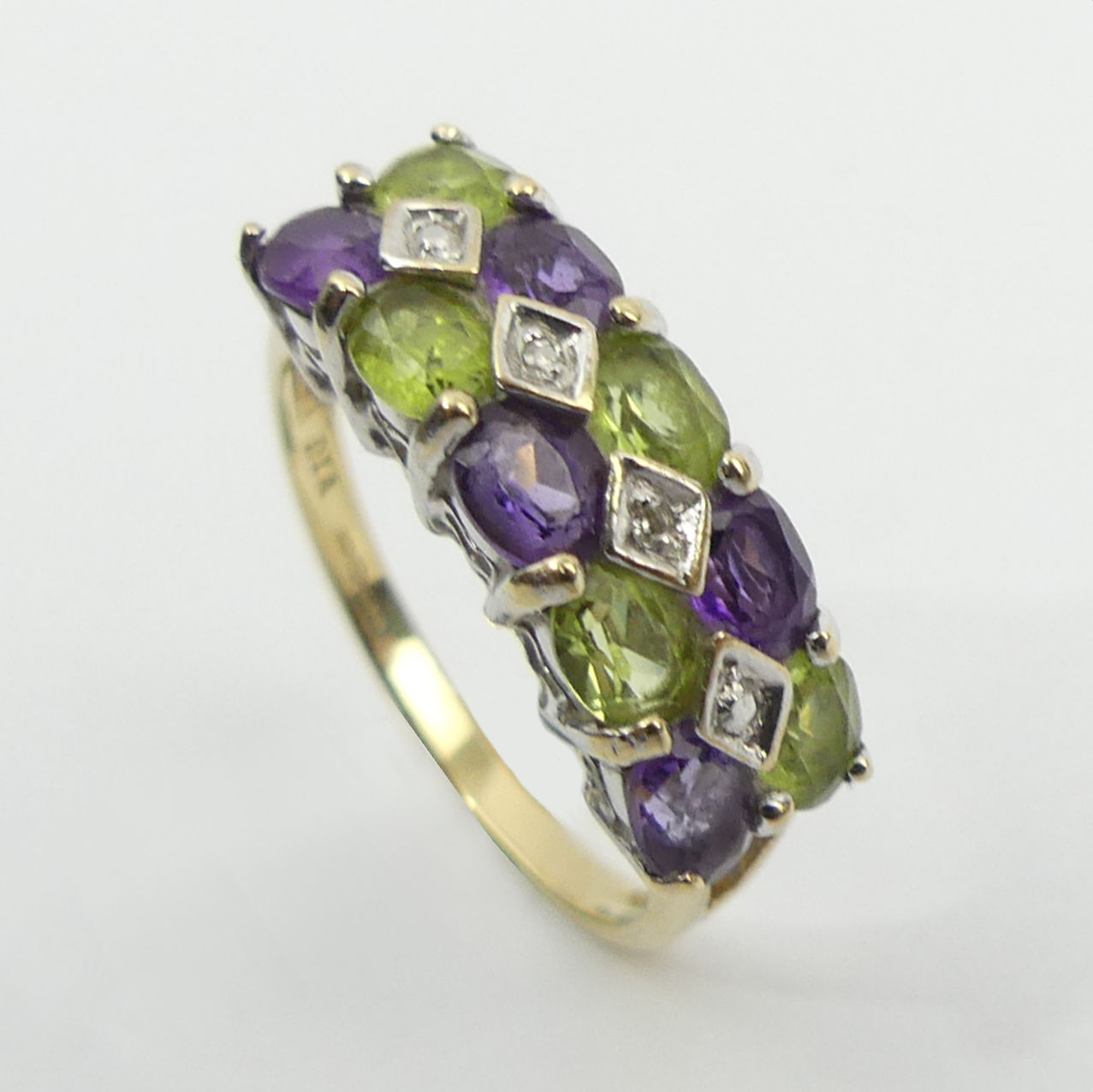 9ct gold peridot, amethyst and diamond ring, 2.4 grams, 6.6mm, size M 1/2. UK Postage £12.