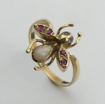 9ct gold opal, ruby and sapphire fly/bug ring, 2 grams, 15mm, size N. UK Postage £12.