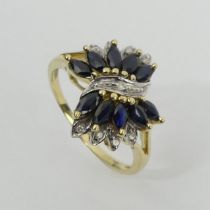 9ct gold sapphire and diamond ring, 3 grams, 16.1mm, size P. UK Postage £12.