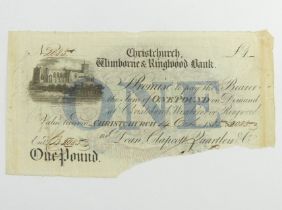 Christchurch Wimborne & Ringwood Bank 1825 one pound note. UK Postage £5.