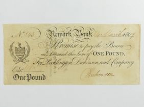 1809 Newark Bank one pound Pocklington Dickinson and Company note. UK Postage £5.