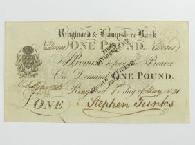 Ringwood & Hampshire Bank 1821 Stephen Tunks one pound note. UK Postage £5.