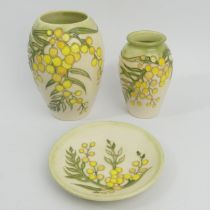 Two Moorcroft wattle design vases and a coaster, tallest vase 13.5cm. Postage £15.