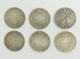 Victorian six silver half crowns, 2 x 1900, 1x 1899, 1 x 1894, 1x 1890, 1 x 1891, 81.9 grams.