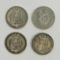 Four silver shillings, 2 x 1824, 1x 1887, 1 x 1913.