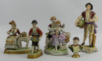 German porcelain figures, viz a courting couple and three selling flower along with a bust of