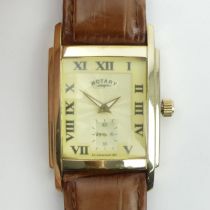 Gents Rotary Quartz tank watch on a brown leather strap, 32mm x 45mm inc. crown. UK Postage £12.