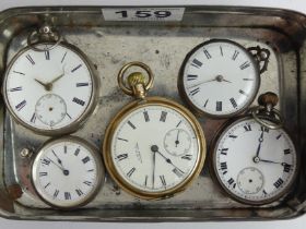 Four silver pocket watches and a gold plated Waltham example. UK Postage £12.