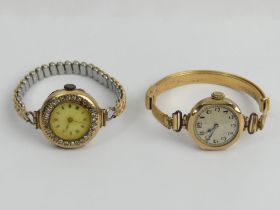 Two 9ct gold watches, one with a stone set bezel both on a gold plated straps, 27+29mm inc.
