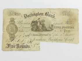 1885 Darlington Bank five pounds note. UK Postage £5.