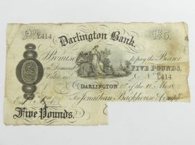 1889 Darlington Bank five pounds note. UK Postage £5.